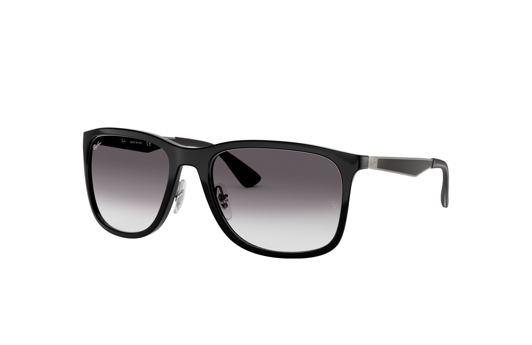 Ray-Ban RB4313-601/8G Unisex sunglasses featuring a gloss black nylon frame and grey lenses, perfect for stylish eye protection.